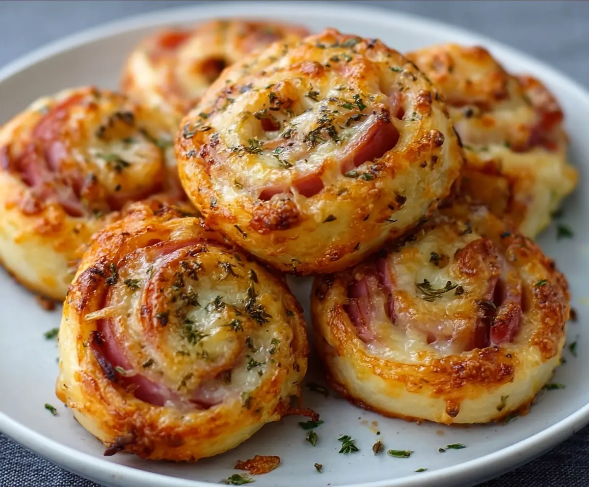 Delicious hot ham and cheese pinwheels fresh out of the oven, showcasing golden-brown crust and gooey cheese filling.