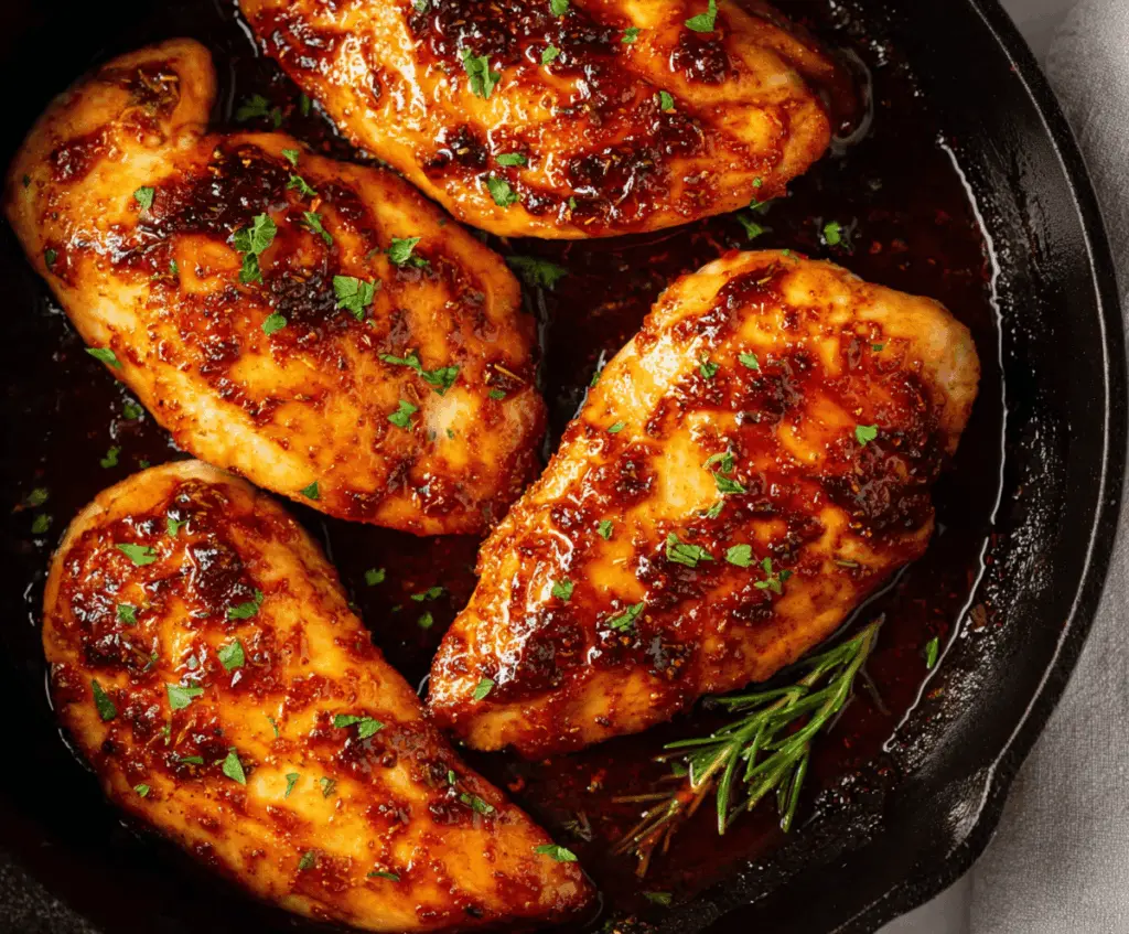 Juicy baked chicken breasts drizzled with spicy honey sauce on a rustic plate.