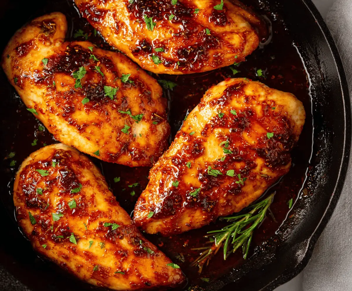Juicy baked chicken breasts drizzled with spicy honey sauce on a rustic plate.