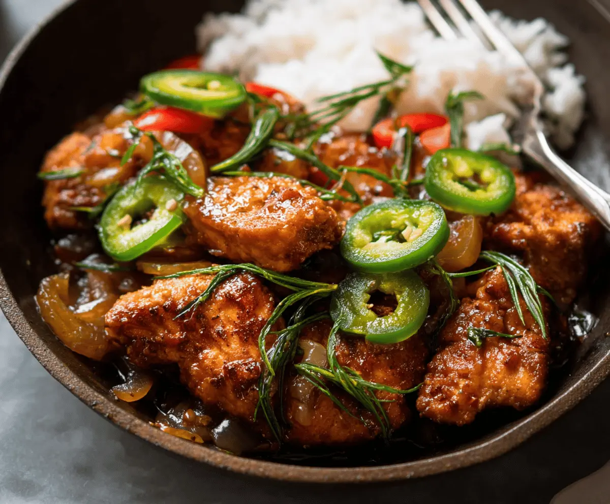 Spicy jalapeno chicken dish with melted cheese and fresh herbs on a plate.