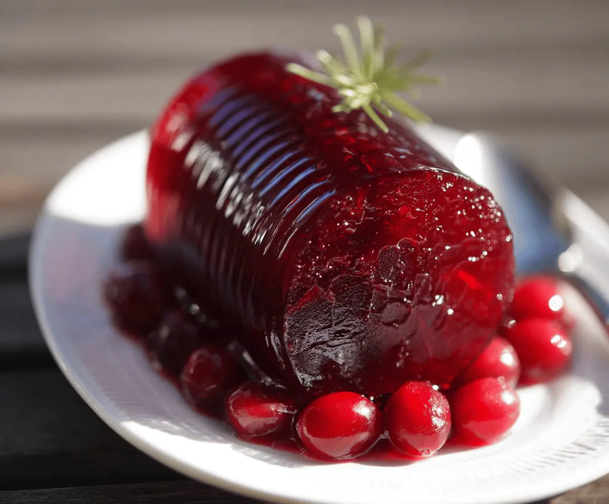 Homemade jellied cranberry sauce served on a festive plate, perfect for holiday dinners.