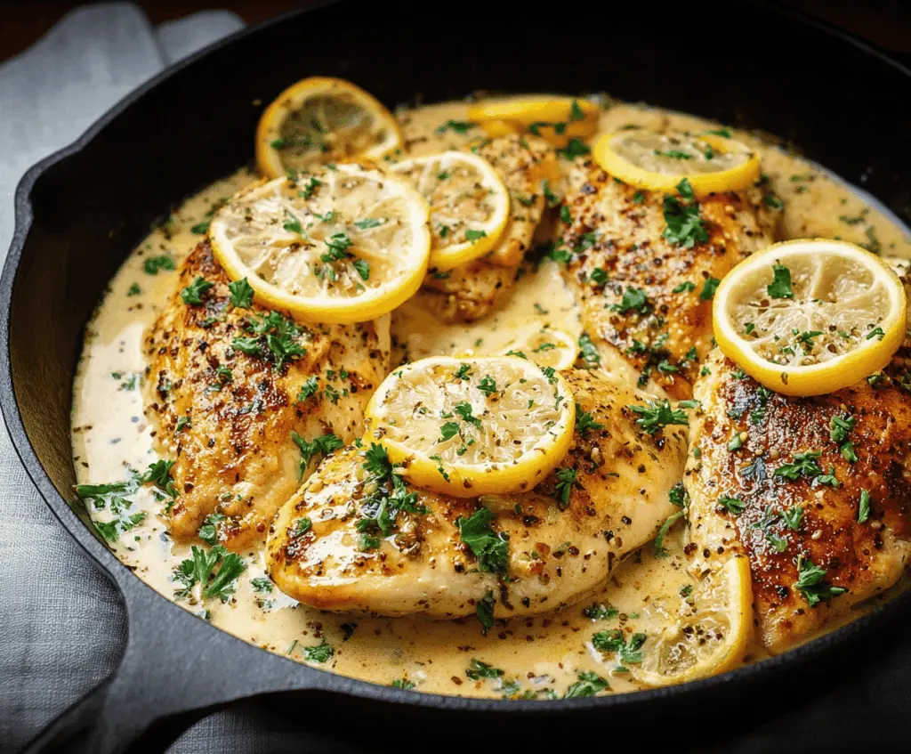 Juicy Lemon Garlic Chicken skillet garnished with fresh herbs for a flavorful meal.