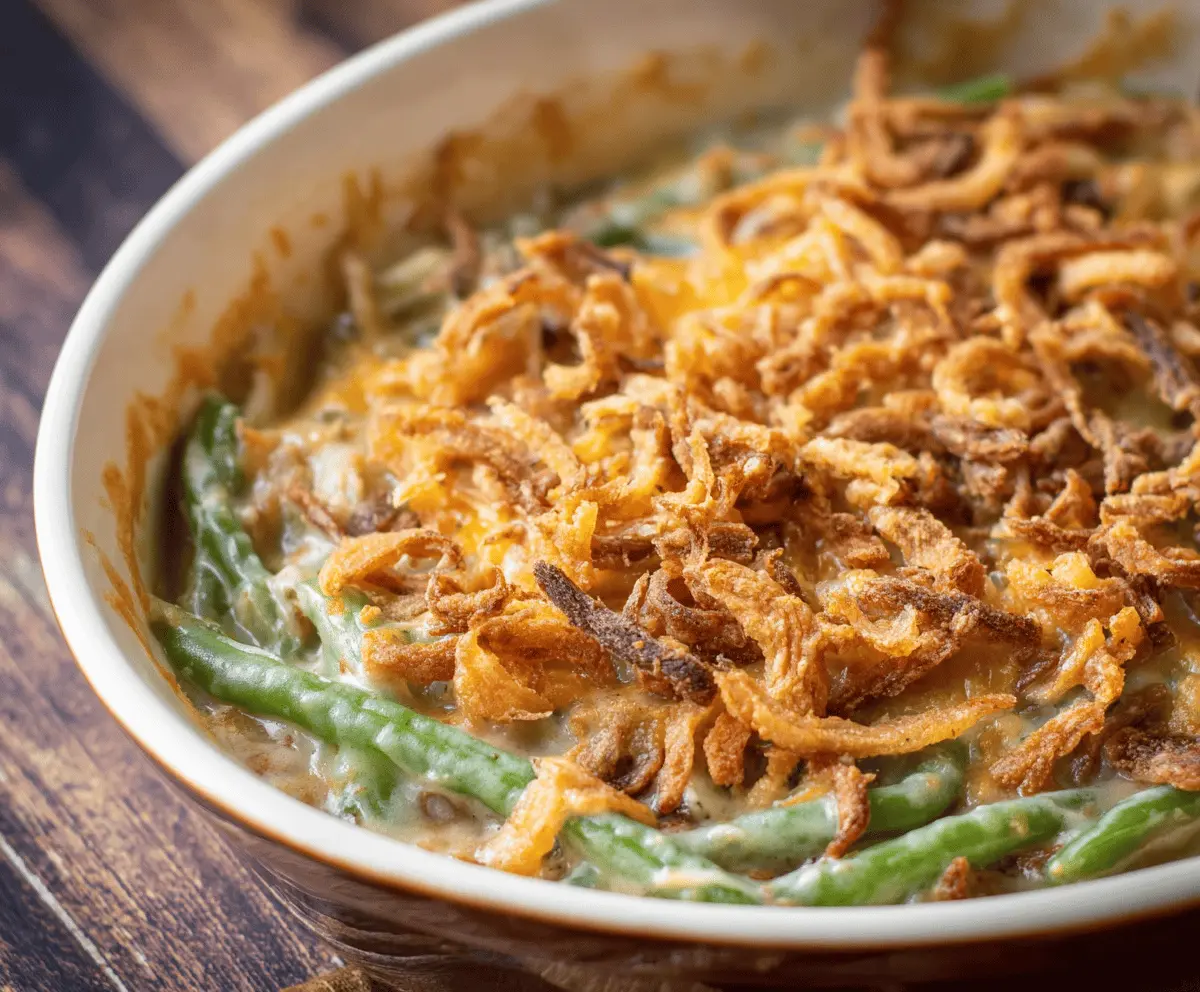 Delicious Campbell's Green Bean Casserole served on a festive plate, perfect for holiday dinners.