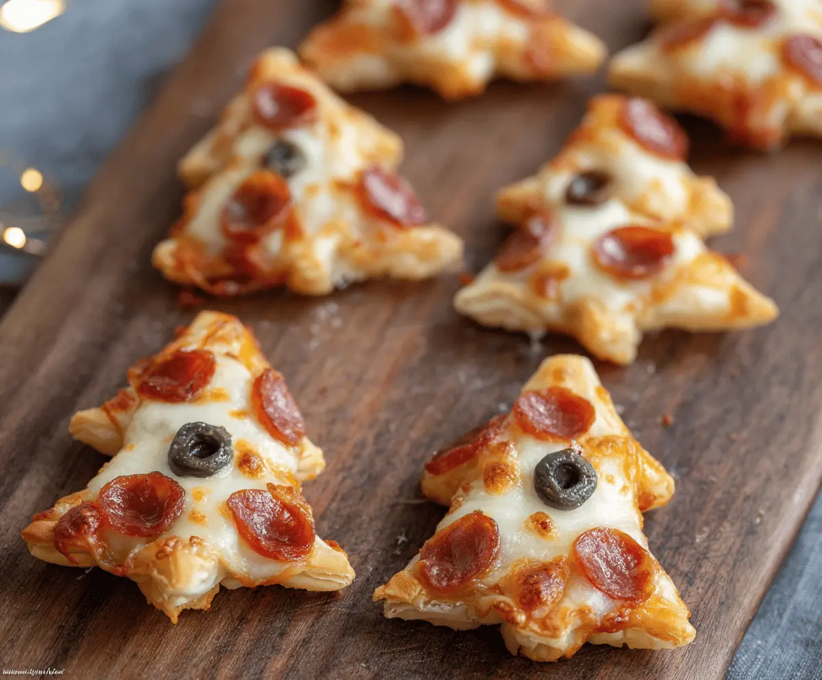 Delicious Puff Pastry Christmas Tree Pizza Bites with melted cheese and festive toppings ready for holiday snacking.