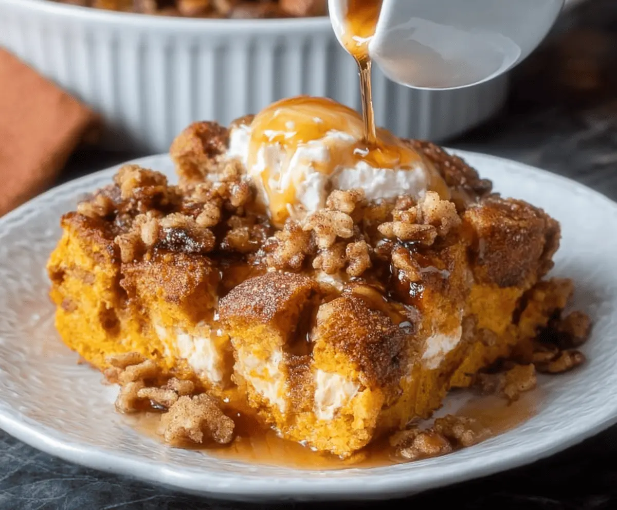 Delicious Pumpkin Spice French Toast Casserole topped with whipped cream and cinnamon for a cozy breakfast