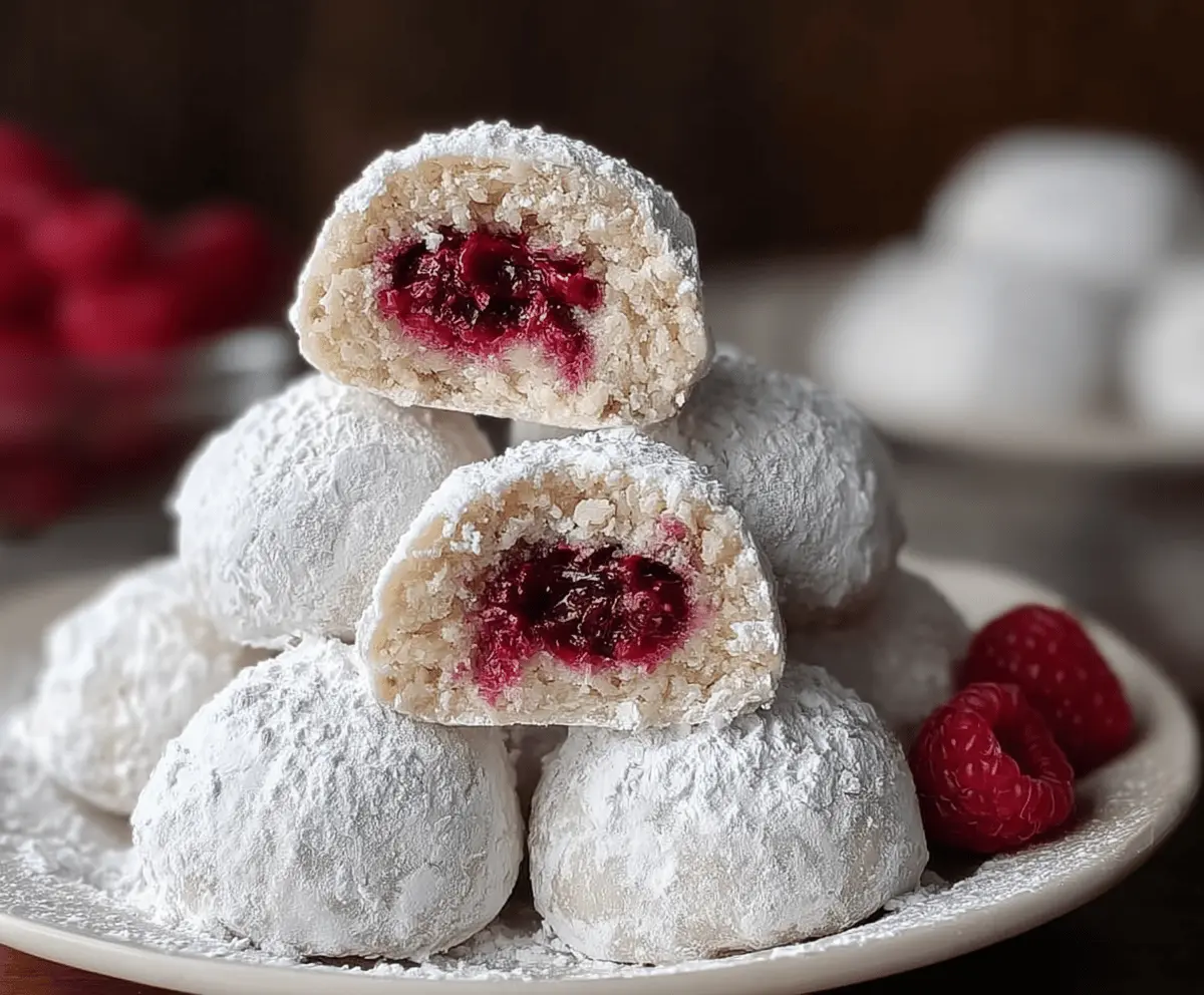 Delicious Raspberry Filled Almond Snowball Cookies covered in powdered sugar, perfect for holiday treats