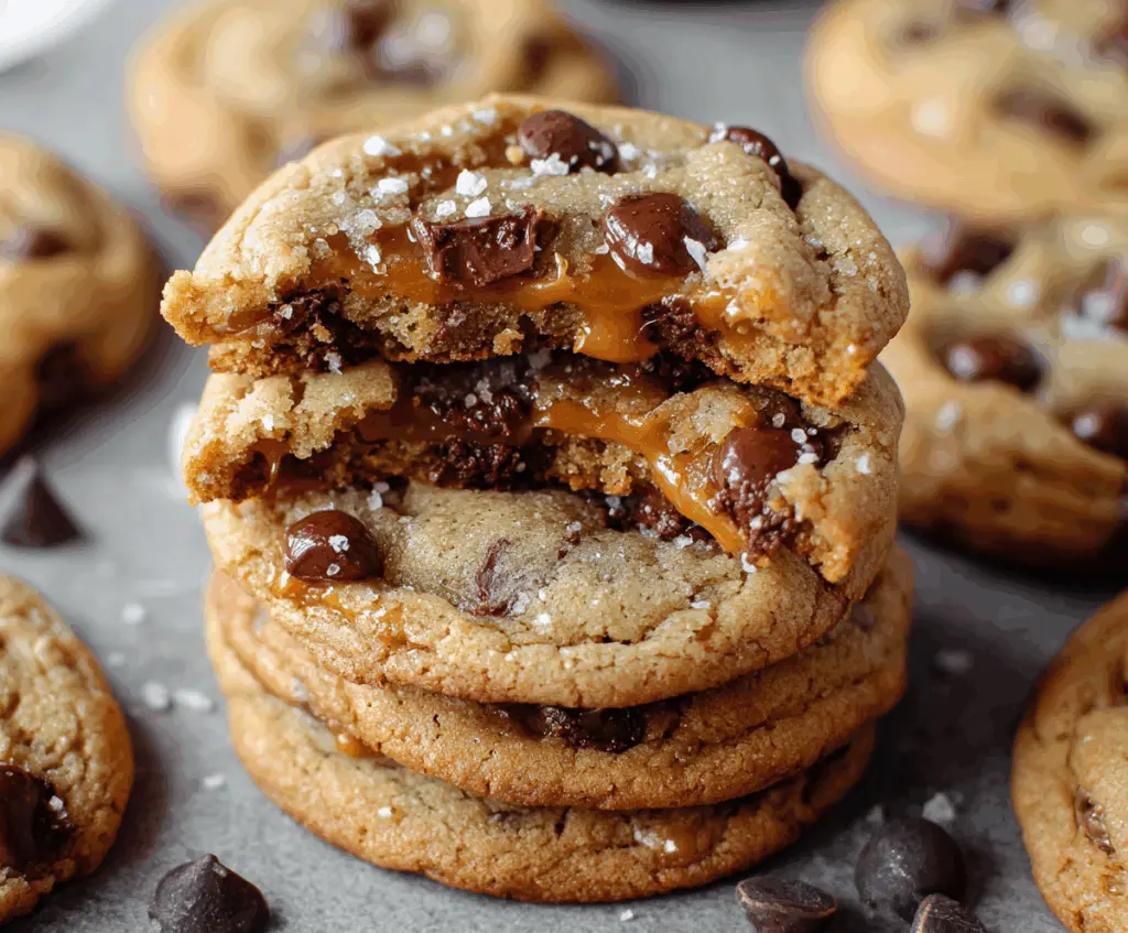 Delicious salted caramel chocolate chip cookies fresh out of the oven with gooey caramel and chocolate chips.