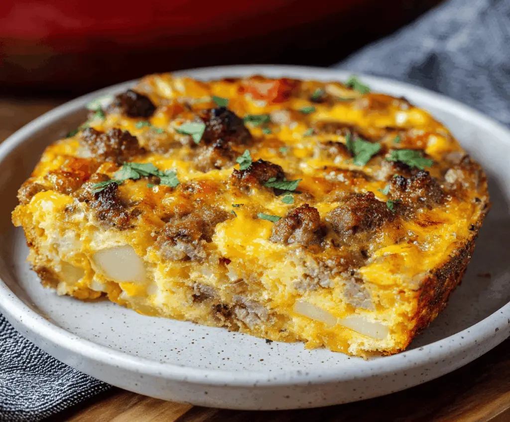 Delicious sausage and egg casserole in a baking dish, perfect for breakfast or brunch.
