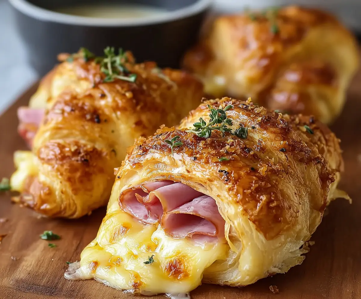 Golden-brown ham and cheese croissant delights garnished with fresh herbs on a rustic plate.