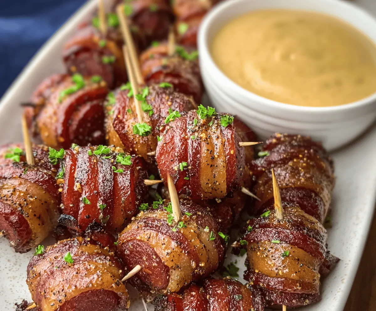 Delicious Savory Mustard Hasselback Kielbasa Bites served on a platter, perfect for appetizers and parties.