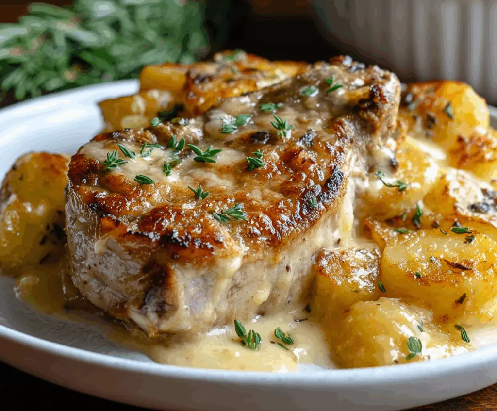 Delicious smothered pork chop served with creamy scalloped potato casserole, perfect for comfort food lovers.