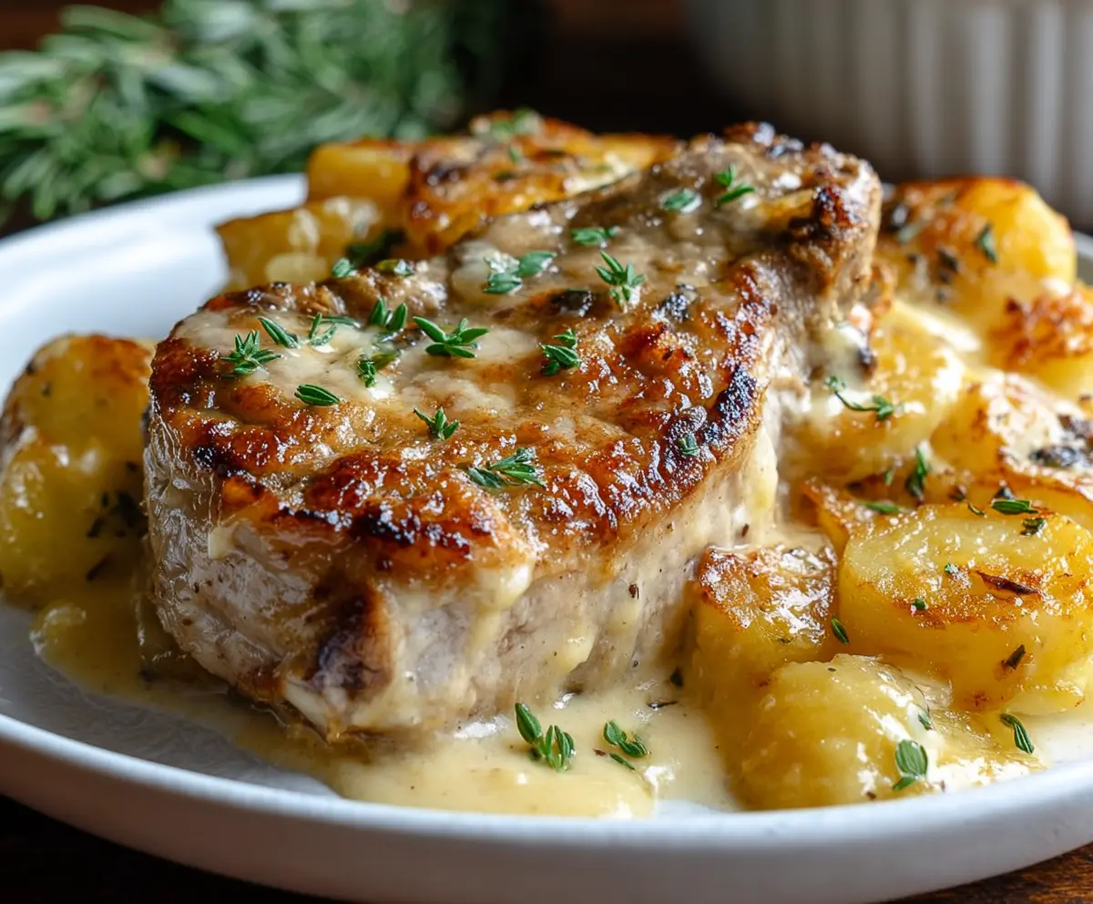 Delicious smothered pork chop served with creamy scalloped potato casserole, perfect for comfort food lovers.