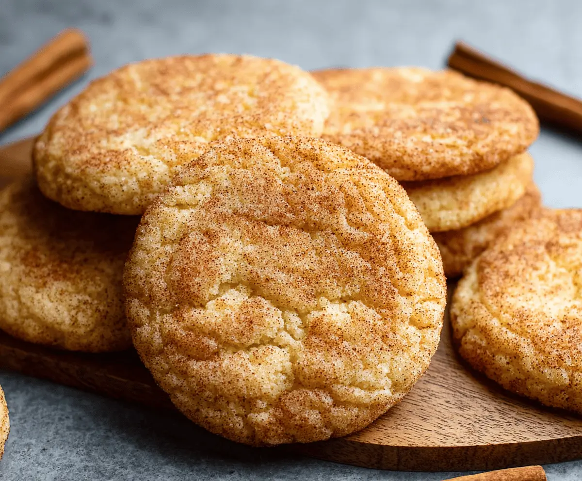 Golden-brown Snickerdoodle Cookies with cinnamon sugar coating on a baking tray.