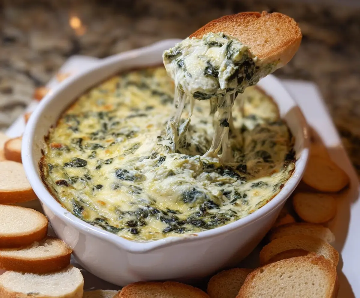Creamy spinach and artichoke dip served with crunchy bread slices, perfect for appetizers.
