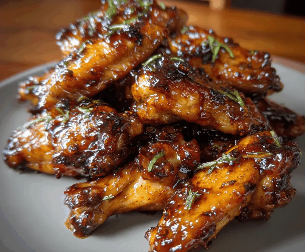 Delicious sticky pineapple-teriyaki chicken wings served on a plate with garnishes.