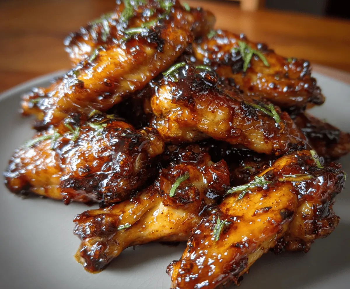 Delicious sticky pineapple-teriyaki chicken wings served on a plate with garnishes.
