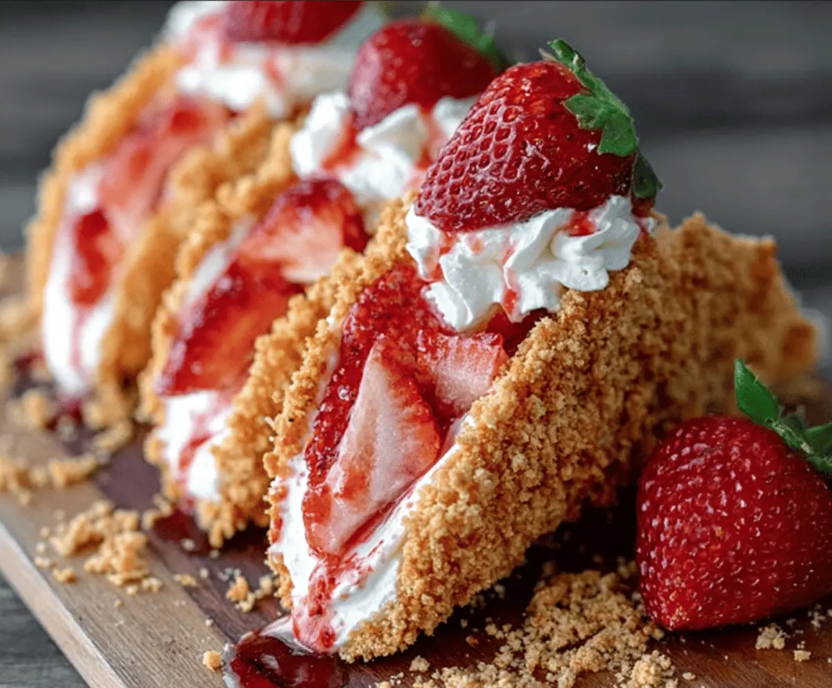 Delicious Strawberry Crunch Cheesecake Tacos topped with fresh strawberries and crunchy cookie crumbles.