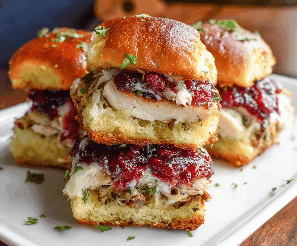 Delicious turkey cranberry sliders topped with fresh herbs on a wooden serving platter.