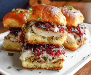Delicious turkey cranberry sliders topped with fresh herbs on a wooden serving platter.