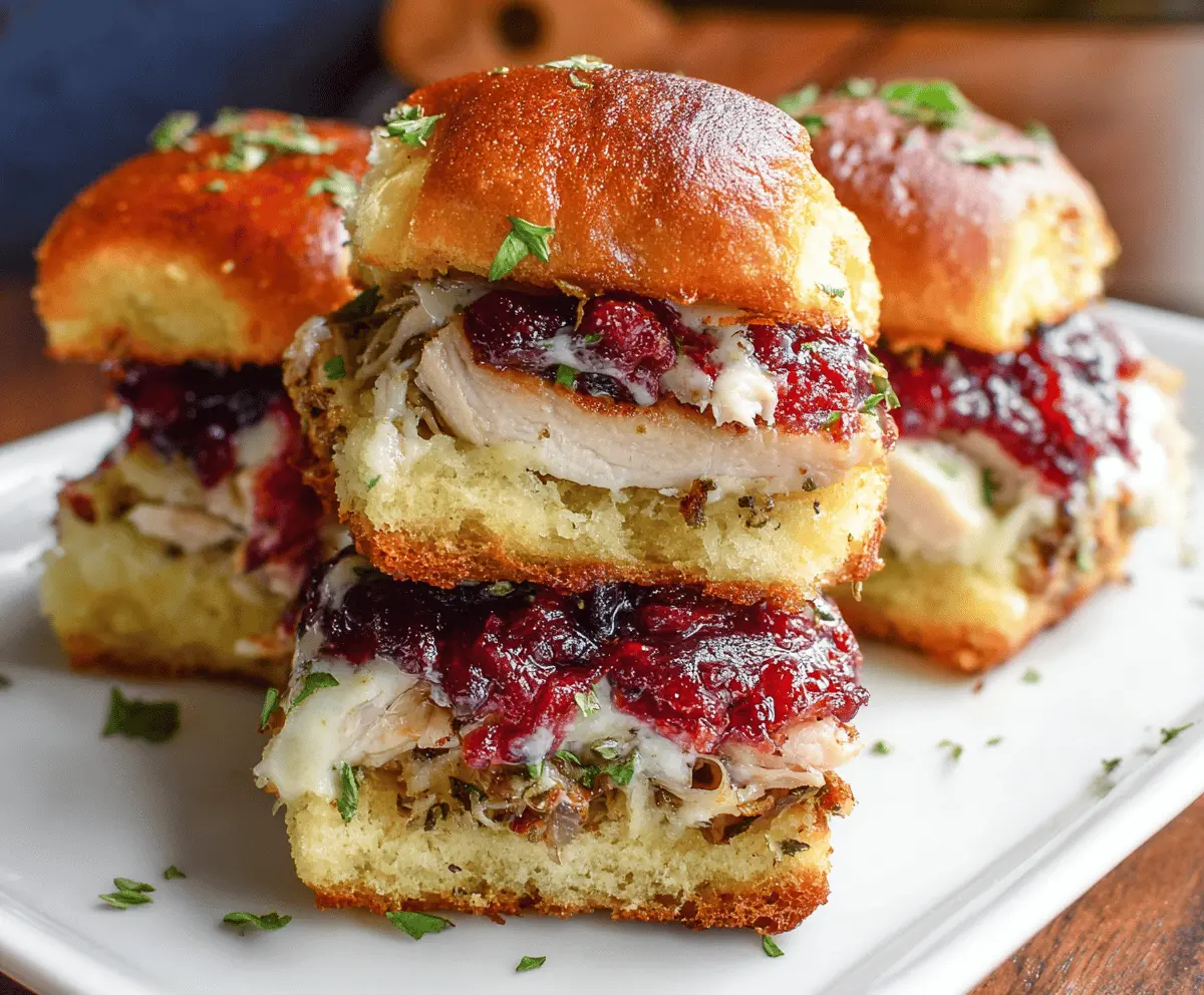 Delicious turkey cranberry sliders topped with fresh herbs on a wooden serving platter.