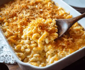 Creamy Ultimate Mac and Cheese in a white bowl, topped with herbs and cheese, served hot.