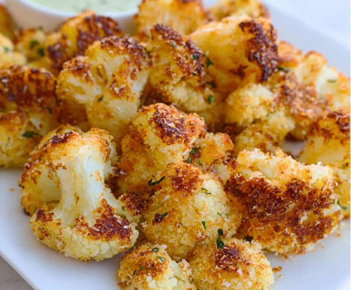 Crispy Air Fryer Parmesan Roasted Cauliflower served on a white plate garnished with herbs.