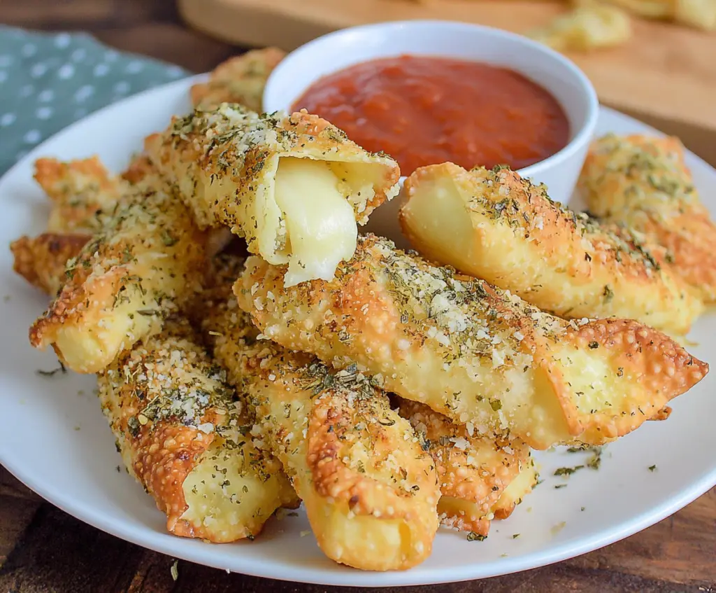 Crispy Air Fryer Wonton Mozzarella Sticks served with marinara sauce, perfect for snacks or appetizers.