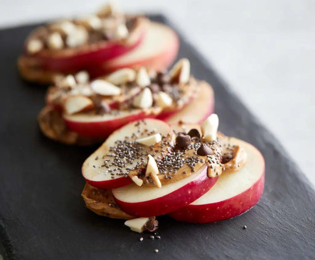 Fresh apple slices topped with creamy almond butter and sprinkled with chia seeds, healthy snack idea.