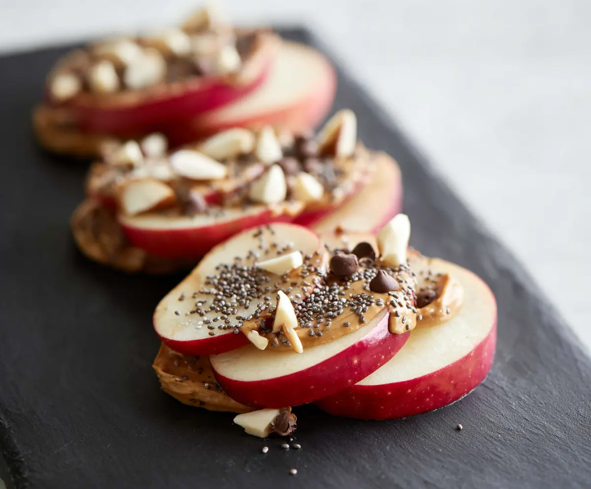 Fresh apple slices topped with creamy almond butter and sprinkled with chia seeds, healthy snack idea.