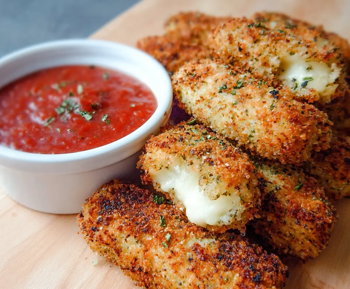 Golden baked mozzarella sticks served with marinara sauce on a white plate
