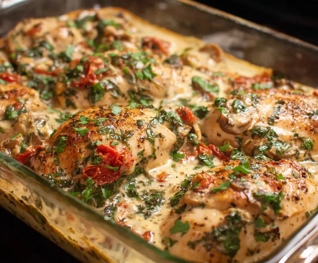 Delicious Baked Tuscan Chicken Casserole with melted cheese and fresh herbs on top.
