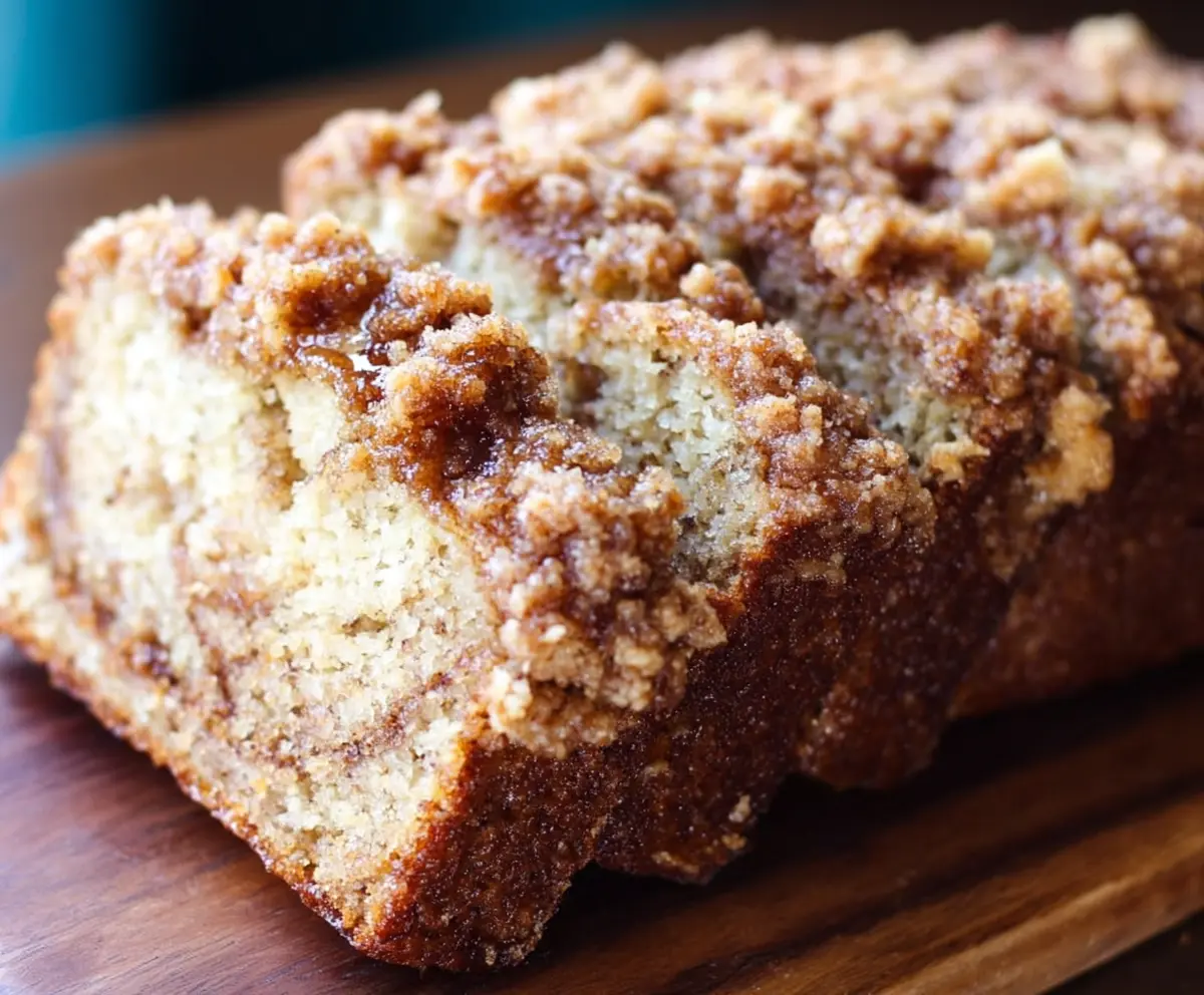 Delicious banana bread with a golden streusel crumb topping, perfect for breakfast or dessert.