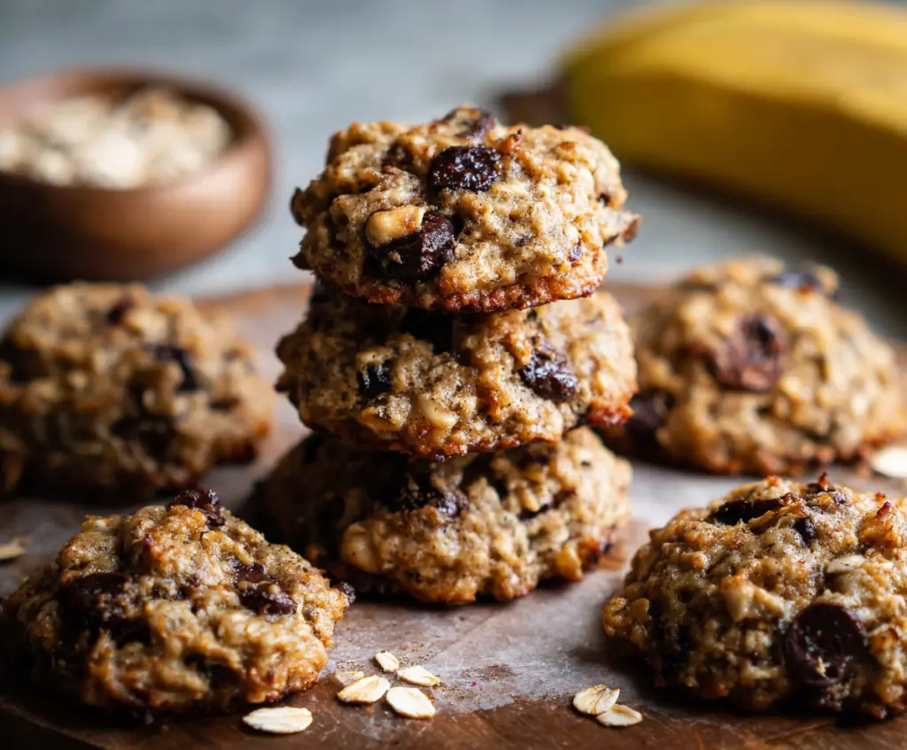 Homemade banana oatmeal cookies on a plate with fresh bananas and oats.
