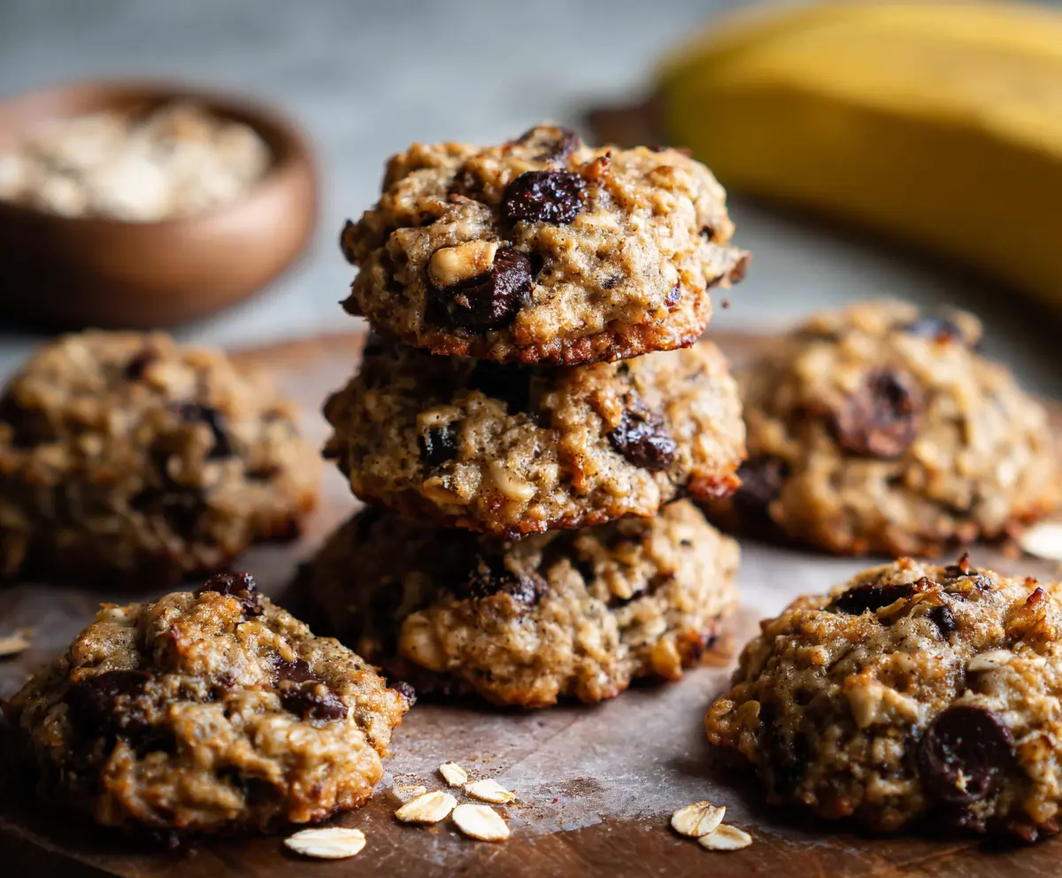 Homemade banana oatmeal cookies on a plate with fresh bananas and oats.