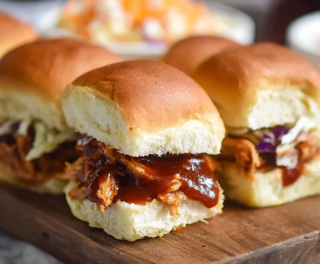Delicious BBQ Chicken Sliders with melted cheese and pickles on a plate