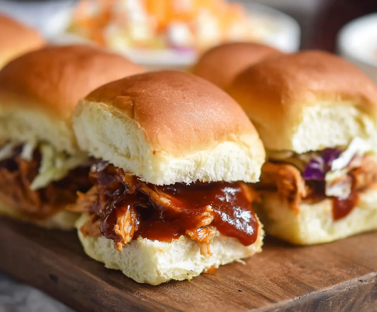 Delicious BBQ Chicken Sliders with melted cheese and pickles on a plate