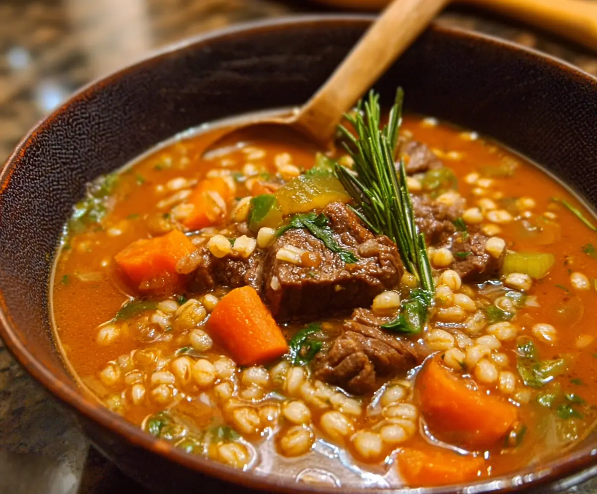 Hearty beef and barley soup in a bowl with fresh herbs on a rustic wooden table.