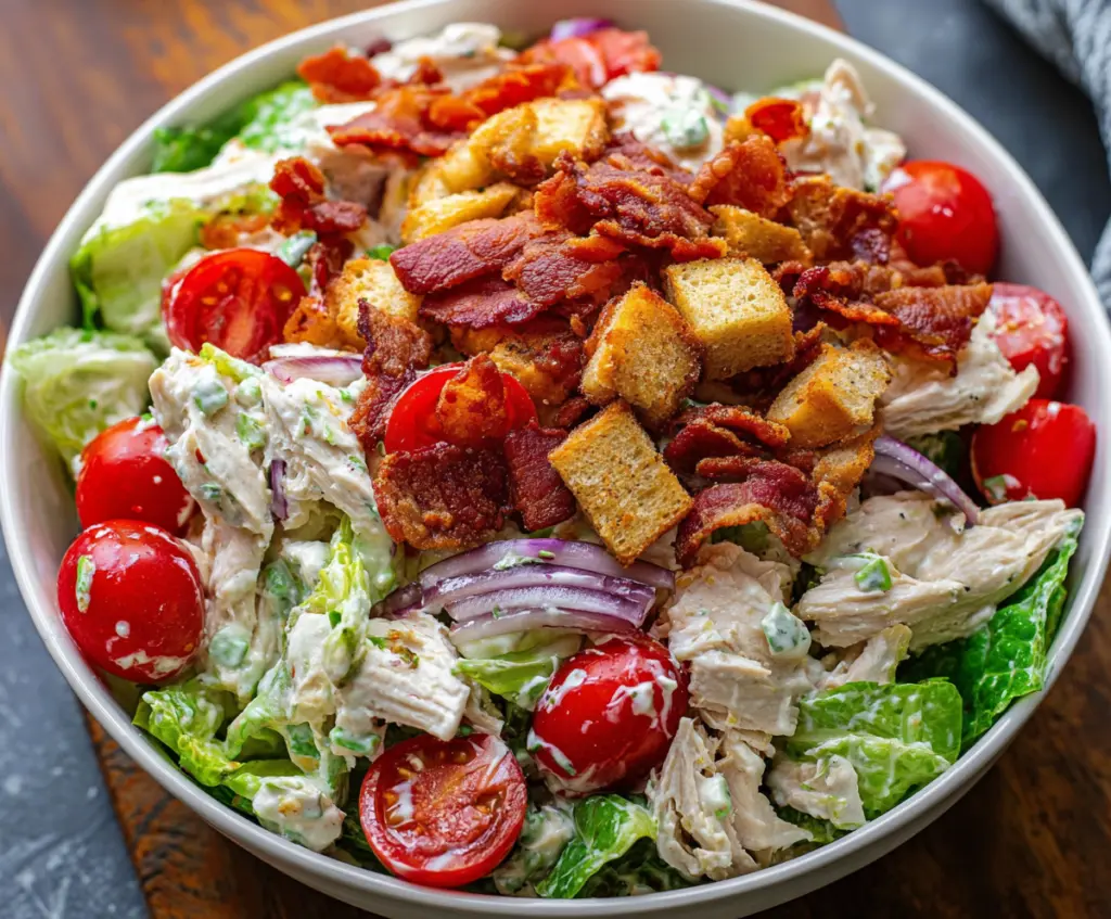 Delicious BLT Chicken Salad topped with crispy bacon, fresh lettuce, and ripe tomatoes.