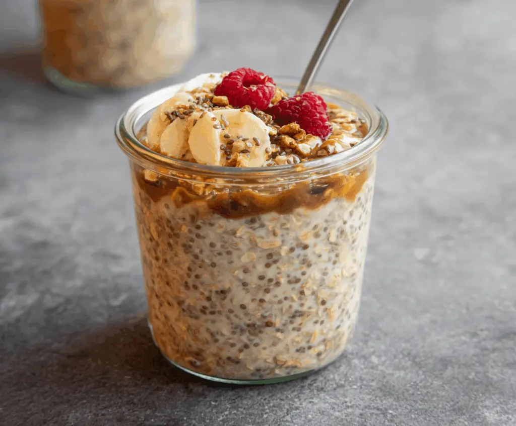 Creamy brown sugar overnight oats in a glass jar topped with fresh berries for a healthy breakfast.