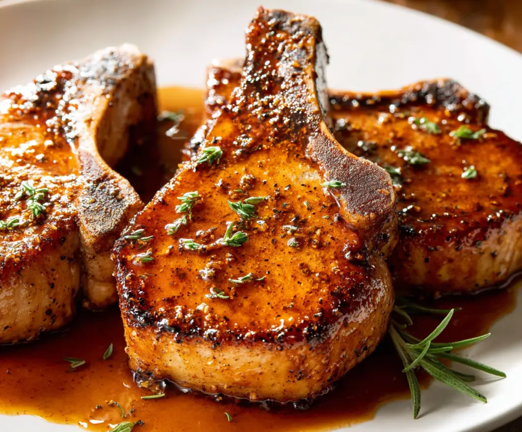 Juicy brown sugar glazed pork chops served on a plate, perfect for a flavorful dinner.