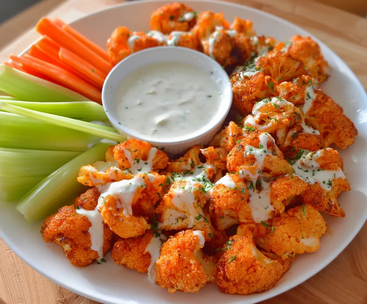 Plate of crispy buffalo cauliflower bites with a side of dipping sauce, perfect for a vegan appetizer.