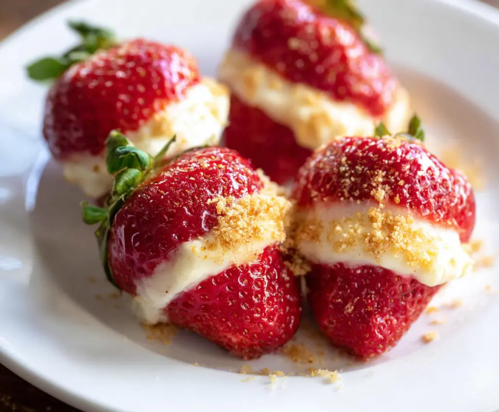 Delicious cheesecake stuffed strawberries garnished with fresh mint for a tasty dessert