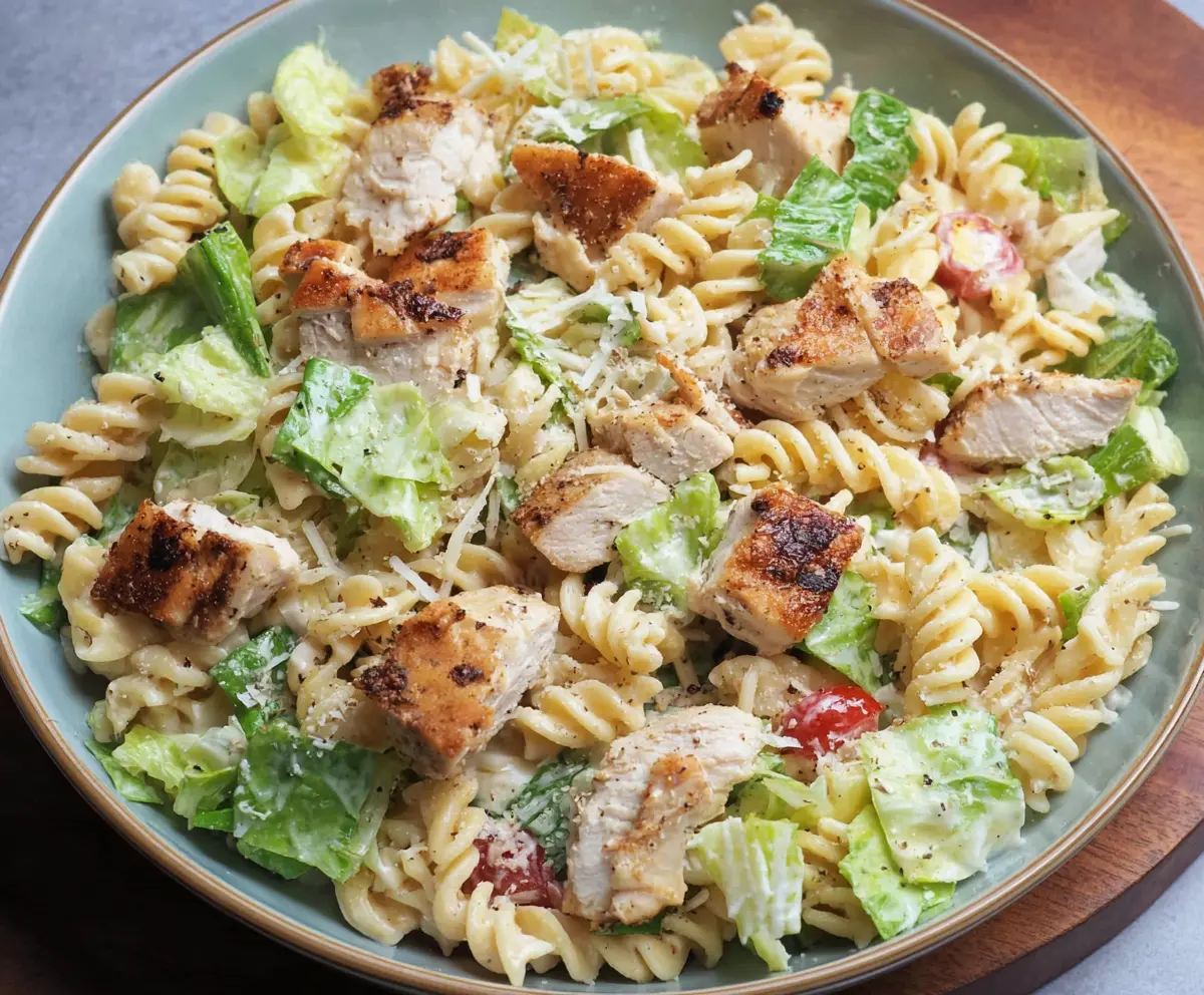 Delicious Chicken Caesar Pasta Salad with fresh greens and creamy dressing