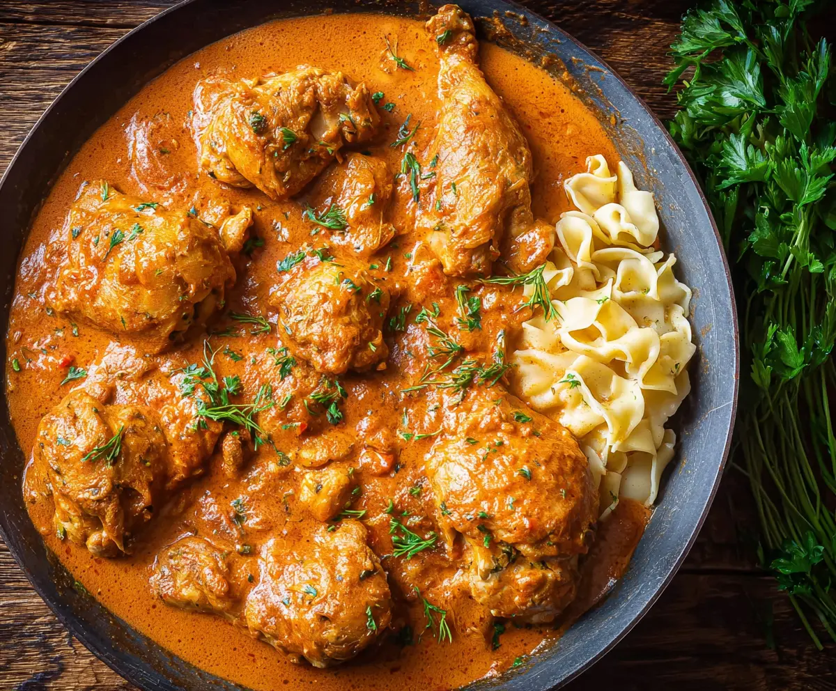 Delicious Chicken Paprikash served with vibrant red peppers and creamy sauce on a rustic plate.