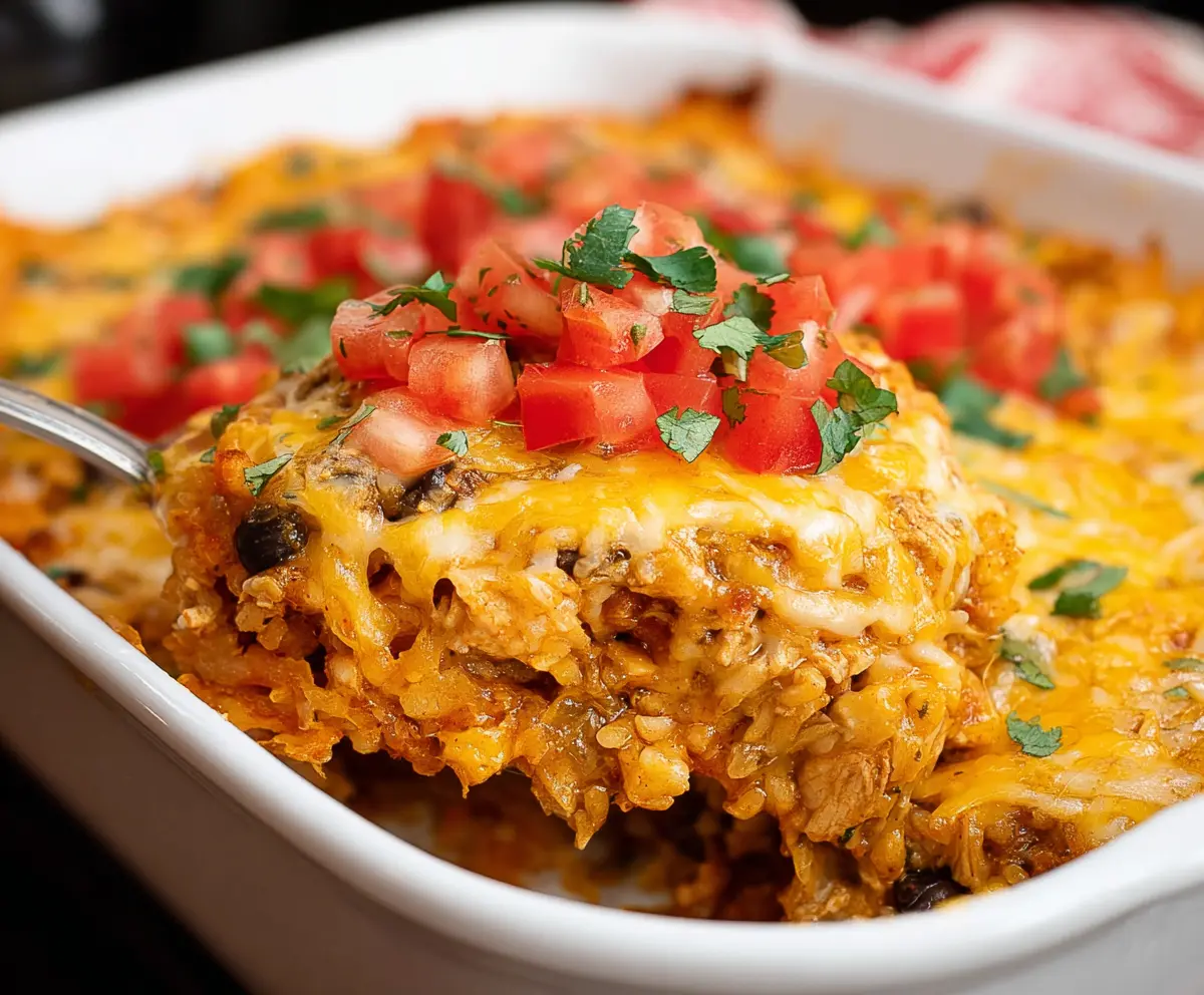 Delicious Chicken Taco Casserole with melted cheese and fresh toppings on top.