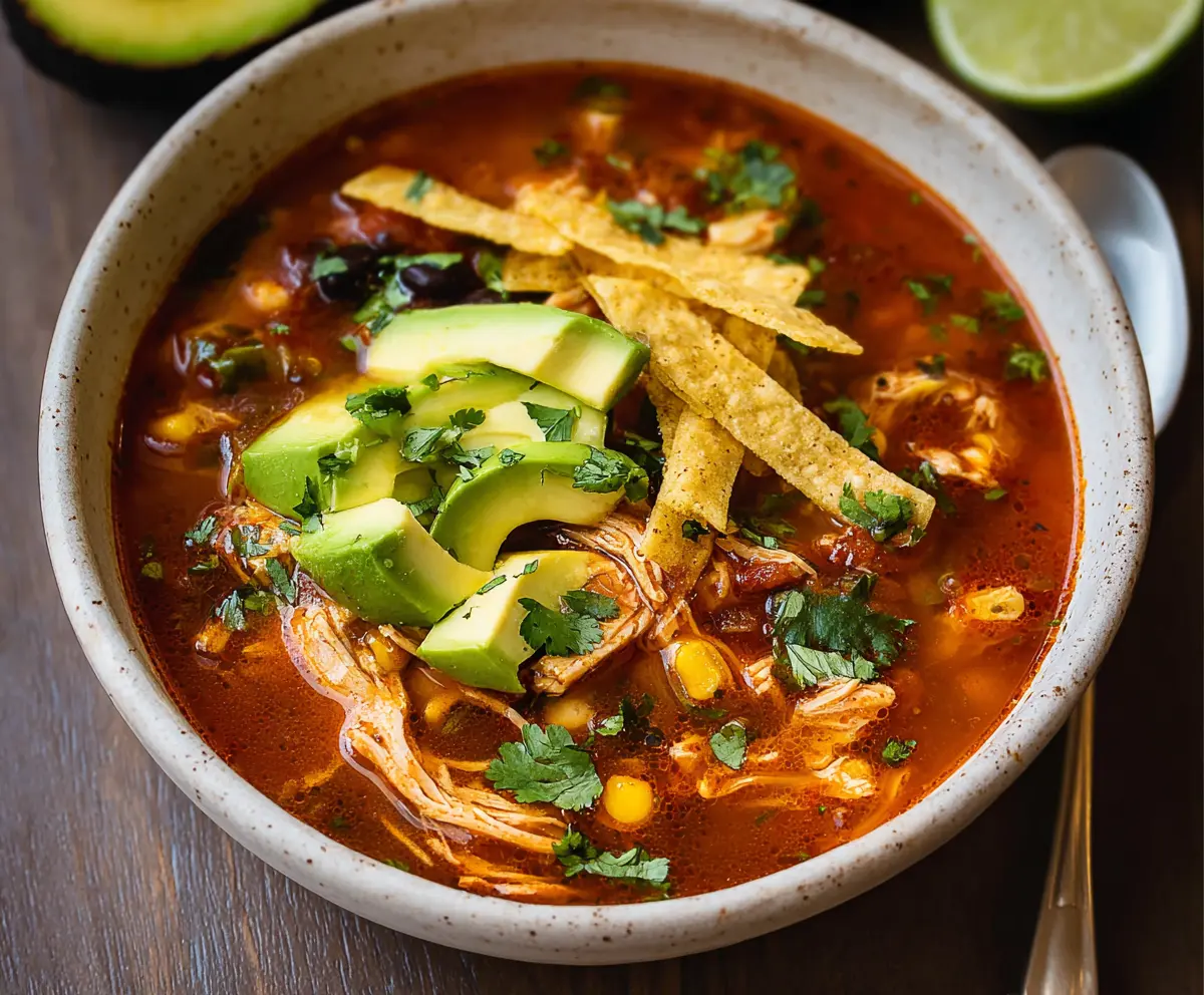 Delicious homemade chicken tortilla soup with fresh ingredients and melted cheese topping