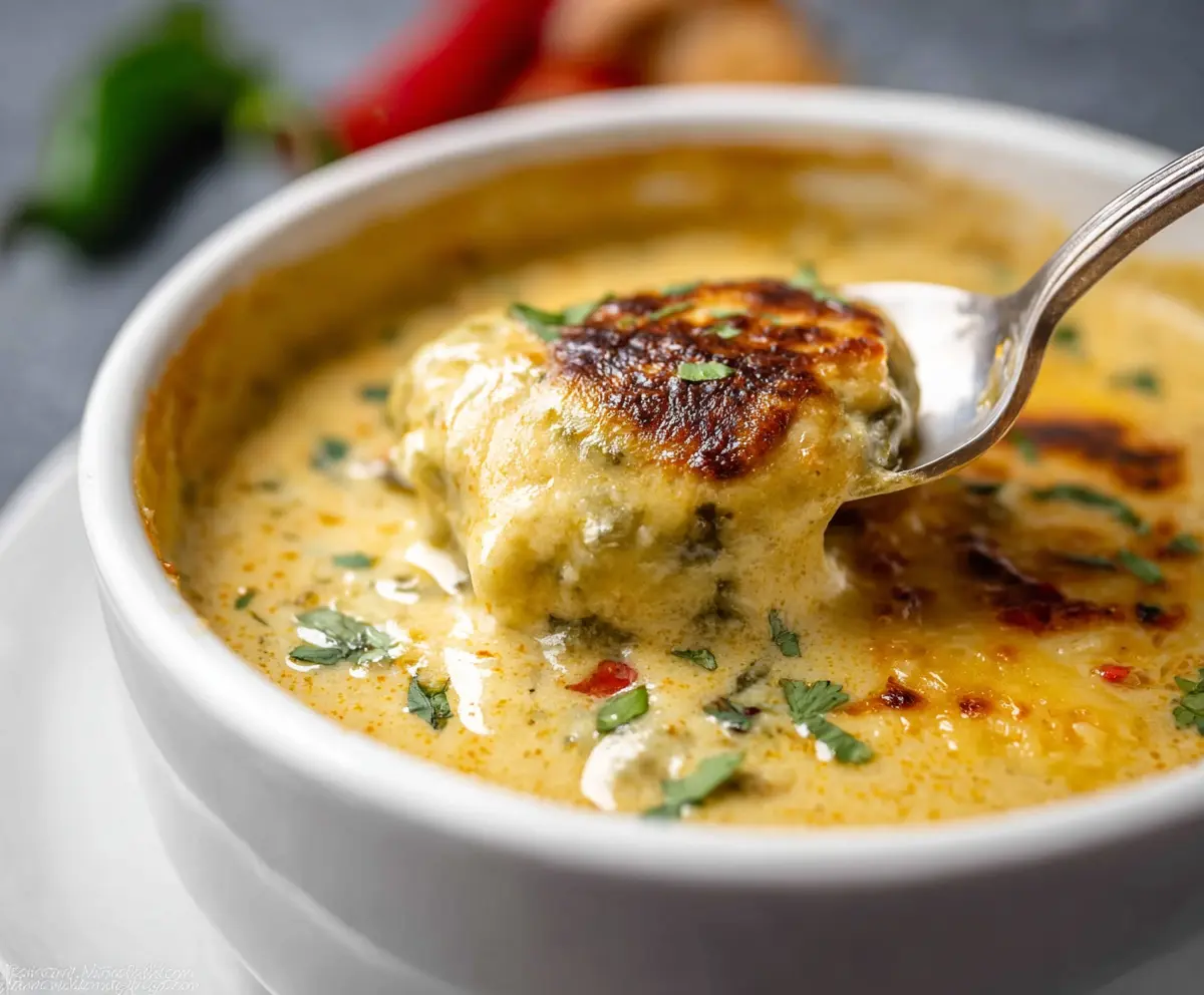 Delicious Chile Relleno Soup in a bowl, featuring vibrant green chilies and melted cheese topping.
