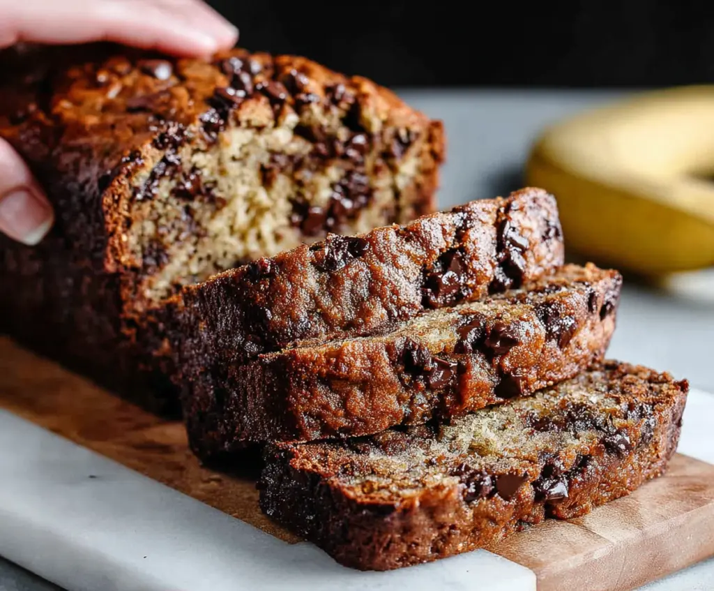 Delicious homemade chocolate chip banana bread with gooey chocolate chips and ripe bananas.