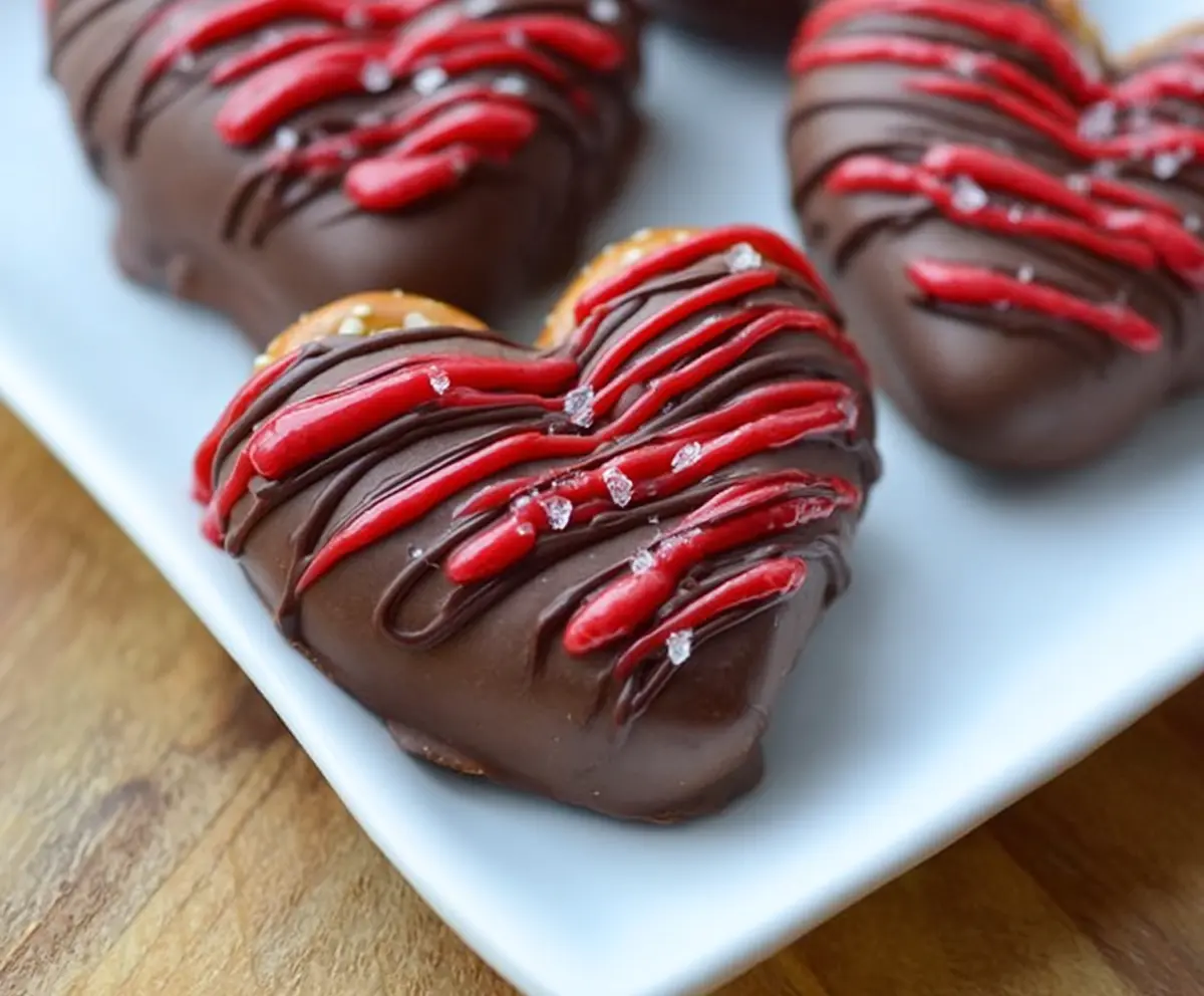 Delicious chocolate-dipped strawberry pretzel hearts perfect for Valentine's Day treats.