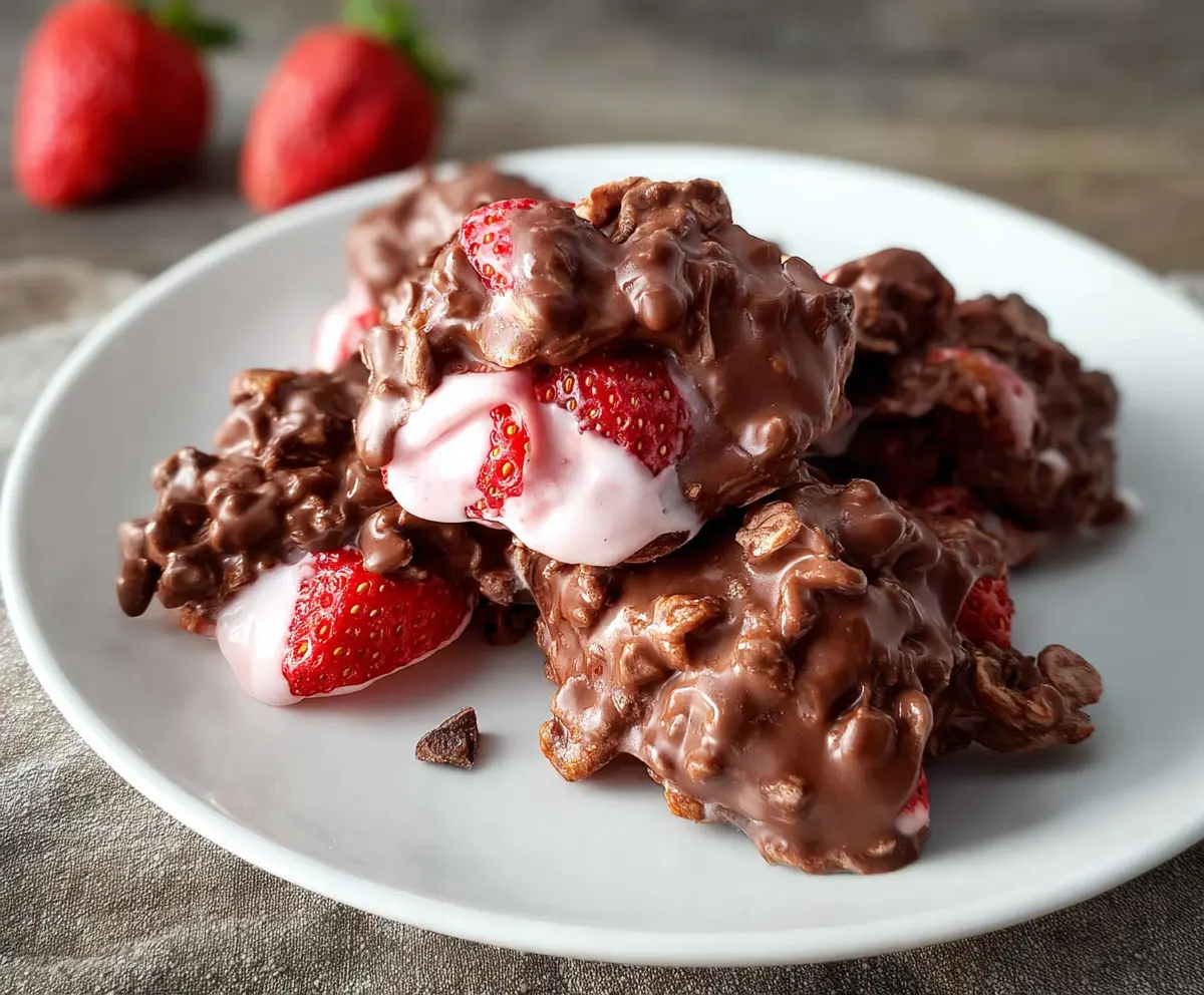 Delicious Chocolate Strawberry Yogurt Clusters on a plate, perfect for a healthy snack or dessert.